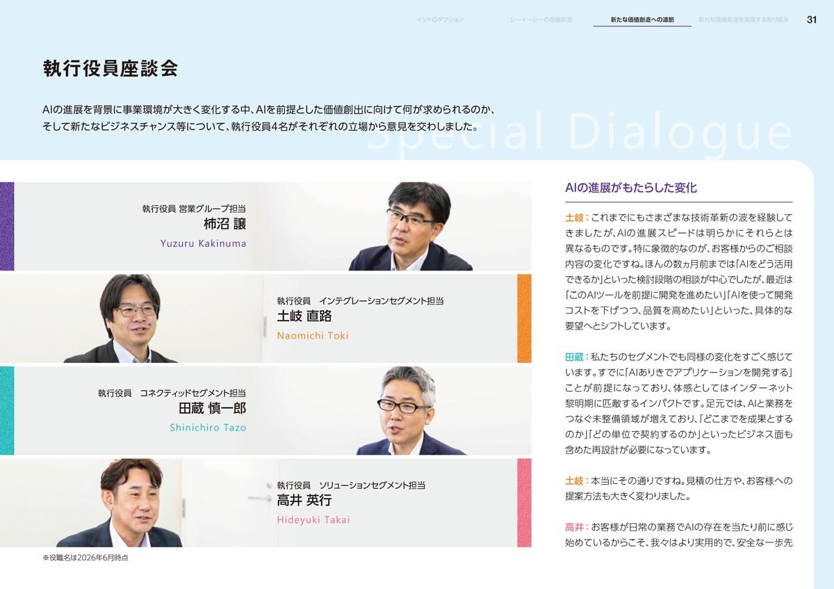 「統合報告書2026」AIを前提とした価値創出に向けて何が求められるのか、執行役員4名が座談会を行いました。